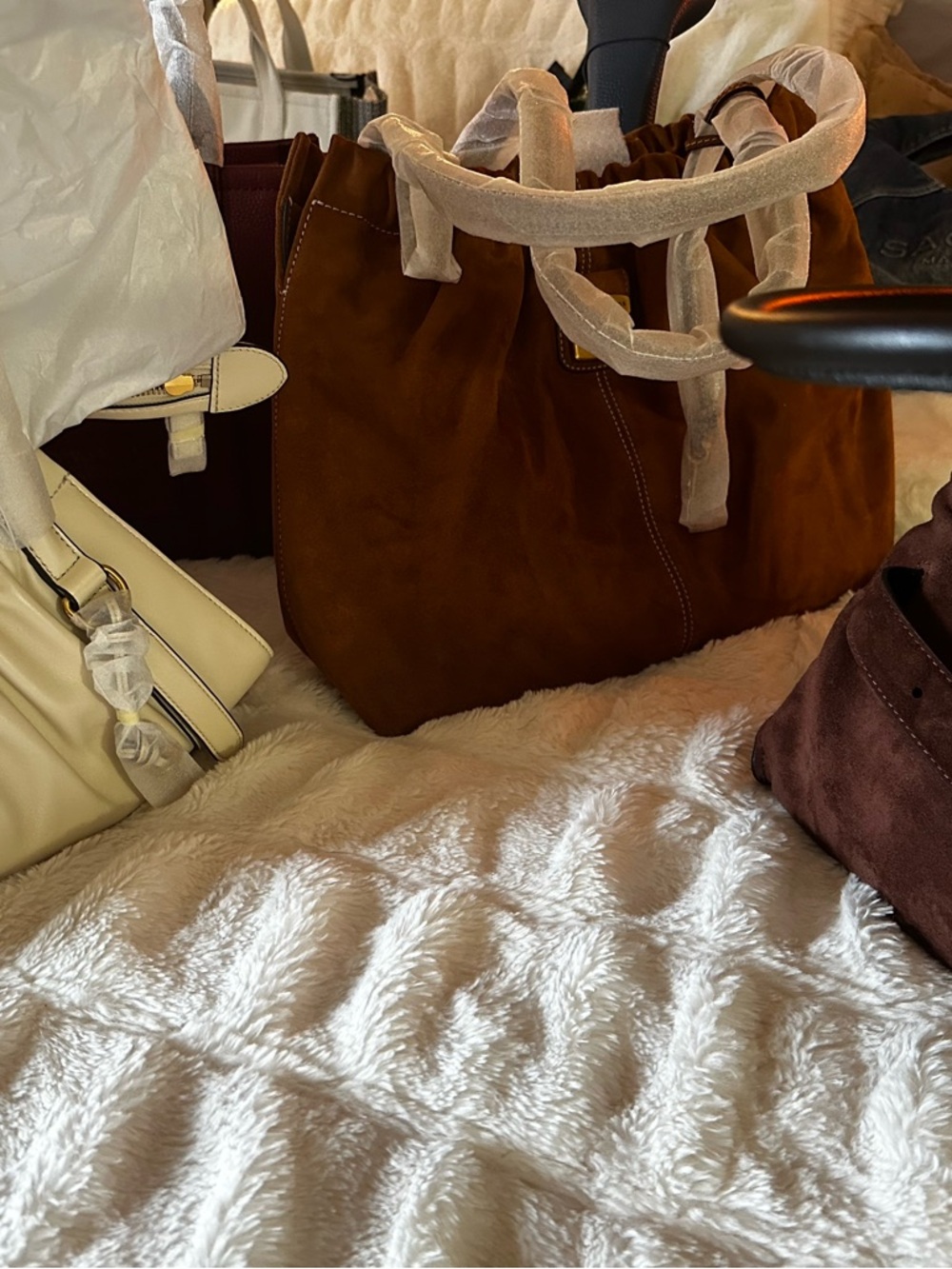 Marc Jacobs Cognac Suede Ruched Tote with Gold-Tone Accent - Picture 6 of 8